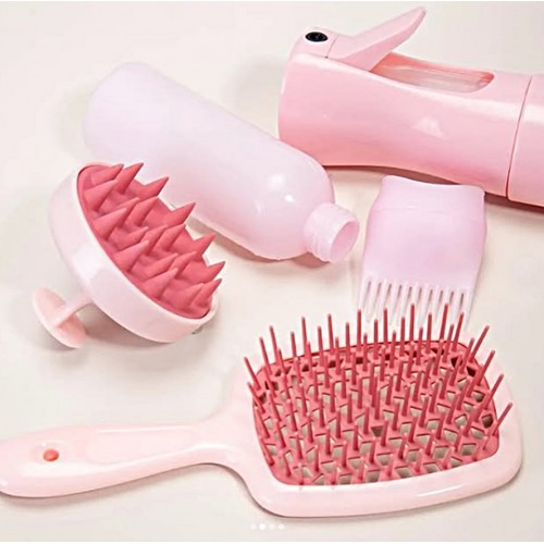 gaman 4 in 1 Saç Bakım Sprey Şişesi+Saç Bakım Yağı Uygulama Şişesi+Masaj Tarağı+Saç Açıcı Hollow Tarak Set ( PEMBE )