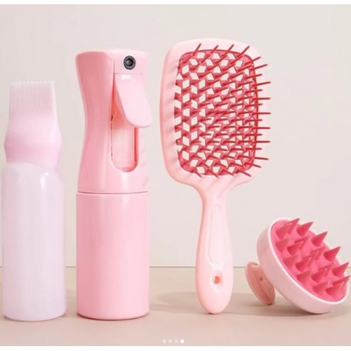 gaman 4 in 1 Saç Bakım Sprey Şişesi+Saç Bakım Yağı Uygulama Şişesi+Masaj Tarağı+Saç Açıcı Hollow Tarak Set ( PEMBE )