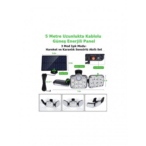 138 Led Güneş Enerjili 3 Mod Kumandalı 5 Metre Kablolu Kaliteli Sensörlü Solar Sokak Lambası