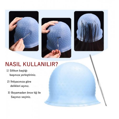 Kolay Uygulanan MAVİ Delikli Silikon Saç Boyama Bonesi+Tığ ile Birlikte Röfle Bonesi ( MAVİ )