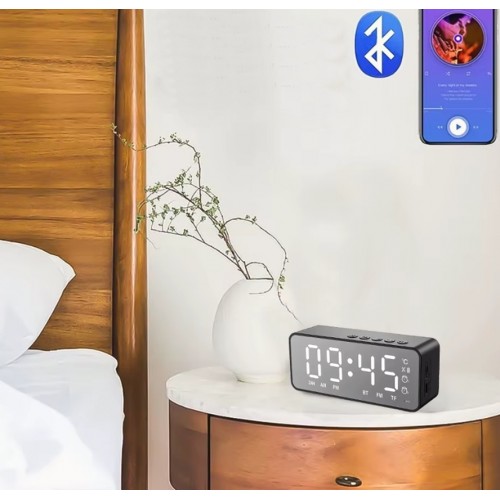 K11 Alarmlı - Termometreli Dijital Masa Saati Fm Radyo ve Bluetooth Hoparlör Siyah