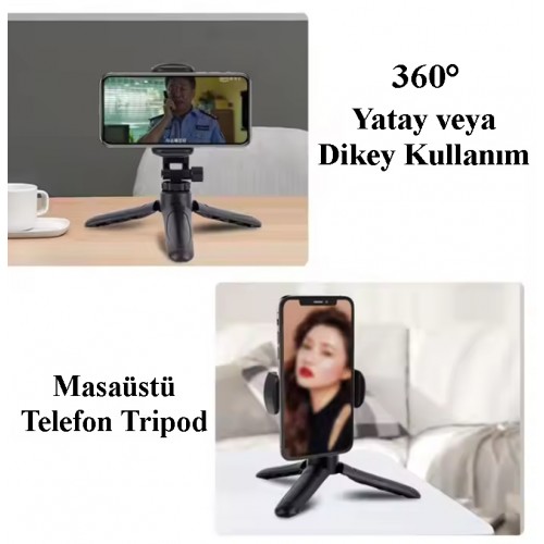 Siyah Mini Telefon Tripodu Masaüstü Monopod Ayaklı 360° Tripod - Yatay veya Dikey Kullanım