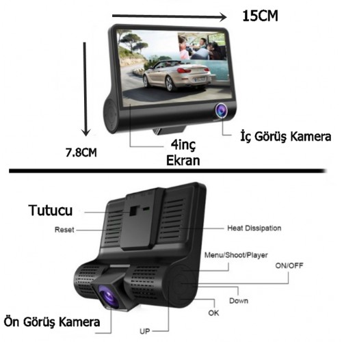 K-819 1080p Full HD 4'' Büyük Ekranlı Araç içi Kamera 3 Kameralı (Ön Görüş-Geri görüş-İç Görüş) Gece Görüş