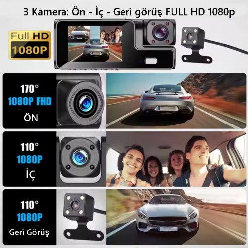 Siyah 1080p Araç Içi 3 Kameralı Ekranlı Gece Görüşlü , G-sensör Geri Görüş Kamera - Iç Görüş