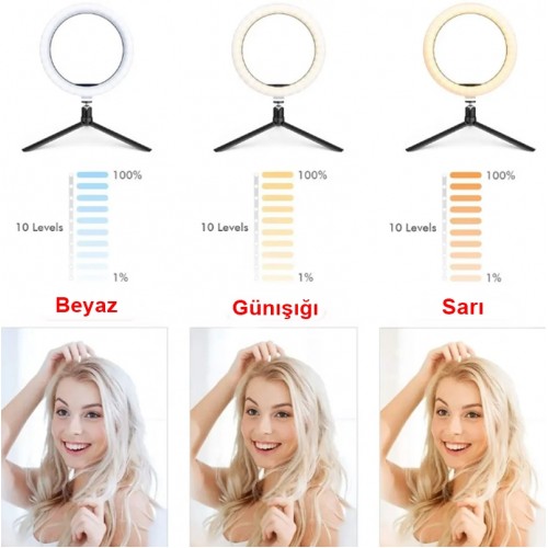 Tripodlu Youtuber Selfie Led Işıklı Masaüstü Tripod 10 Inç(26 CM) Kuaför Makyaj Işığı Tiktok Işığı 9 Farklı Yanma Modu
