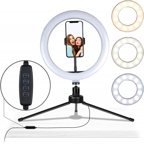 Tripodlu Youtuber Selfie Led Işıklı Masaüstü Tripod 10 Inç(26 CM) Kuaför Makyaj Işığı Tiktok Işığı 9 Farklı Yanma Modu