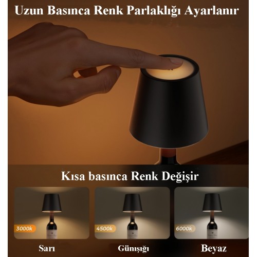 Şişeye Takılan Dokunmatık Şarjlı Masa Lambası Şiddeti Ayarlanabilir 3 Farklı Işık Rengi