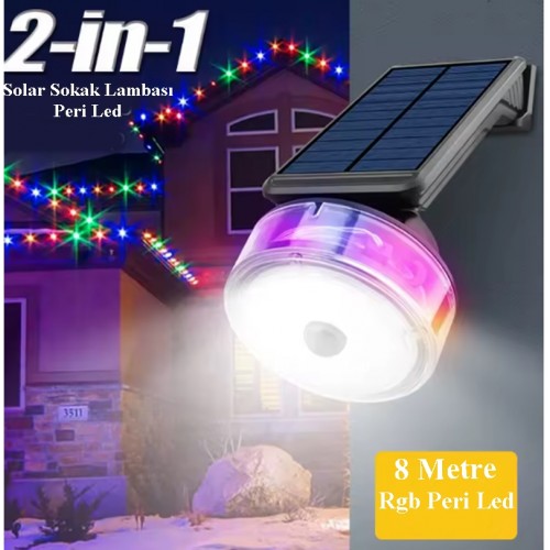 YD-2333 Güneş Enerjili 8 Metre RGB Peri Led + Hareket Sensörlü Solar Lamba 2in1 Bahçe-Balkon Ledi