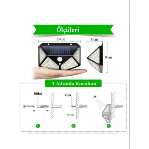100 led Güneş Enerjili Solar Lamba - Solar sokak lambası - Bahçe Lambası- 3 Mod Hareket ve KAranlık sensörlü