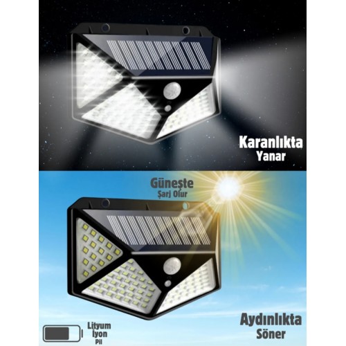 100 led Güneş Enerjili Solar Lamba - Solar sokak lambası - Bahçe Lambası- 3 Mod Hareket ve KAranlık sensörlü