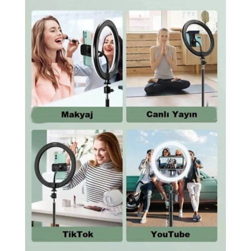 10" LED Lamba 210cm Tripodlu Youtuber Video Selfie Stüdyo Makyaj Tiktok Işığı Ring Light 3 Renk Işık