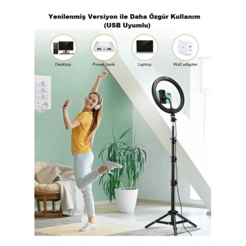 10" LED Lamba 210cm Tripodlu Youtuber Video Selfie Stüdyo Makyaj Tiktok Işığı Ring Light 3 Renk Işık