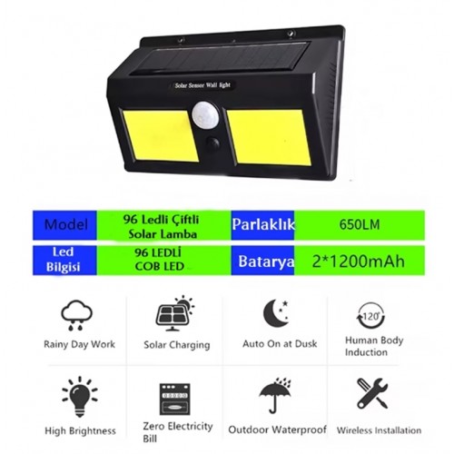 96 LED Güneş Enerjili 3 Mod 5 Metre Sensör Mesafeli Kaliteli Karanlık Sensörlü Solar Sokak Lambası code:2520