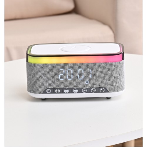 Jedel Masa Saati - Gece Lambası - Çalar Saat - Bluetooth Hoparlör Kablosuz Şarj Etme Özellikli