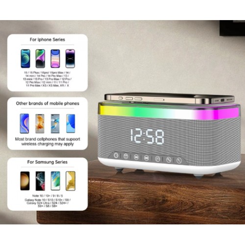 Jedel Masa Saati - Gece Lambası - Çalar Saat - Bluetooth Hoparlör Kablosuz Şarj Etme Özellikli