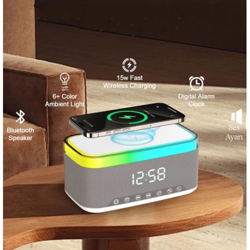 Jedel Masa Saati - Gece Lambası - Çalar Saat - Bluetooth Hoparlör Kablosuz Şarj Etme Özellikli