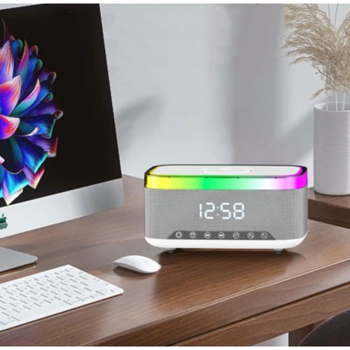 Jedel Masa Saati - Gece Lambası - Çalar Saat - Bluetooth Hoparlör Kablosuz Şarj Etme Özellikli