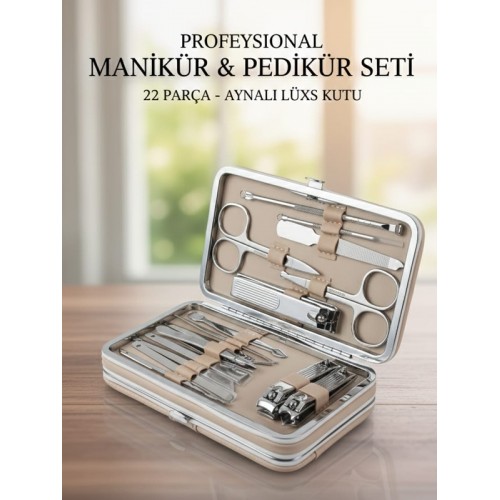 Profesyonel Tırnak Bakım Seti - 22 Parça Manikür ve Pedikür Set, Aynalı, Taşıma Kutulu
