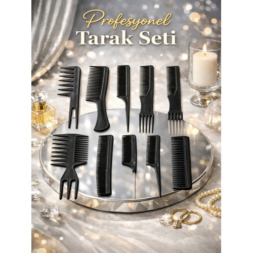 Mükemmel Saç Tarağı Seti 10'lu - Kuaför Tipi Kesim, Fön, Şekillendirme ve Ayırma İçin Tam Set
