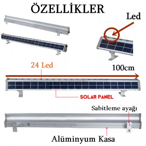 100cm Güneş Enerjili Solar Led Lamba - 24 Ledli Duvar Lambası - Büyük SOLAR Aplik - WallWasher Led