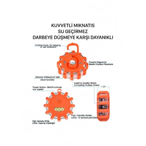 9 Mod Araç İş Makinesi Kamyon Acil Durum İkaz Lambası +Fener Özelliği Su Geçimez - Mıknatıslı 1 Adet