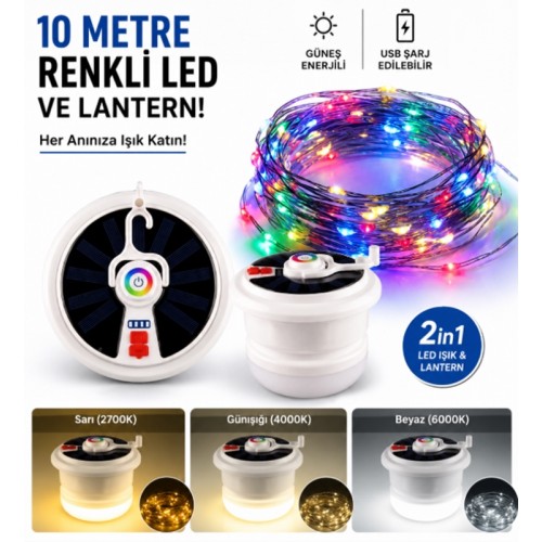 yx-669 Makara Sistem Ip Led - Fener / Güneş Enerjili Şarjlı Işık Kamp Lambası- Taşınabilir 10mt Led Işık Rgb Günışğı Renk