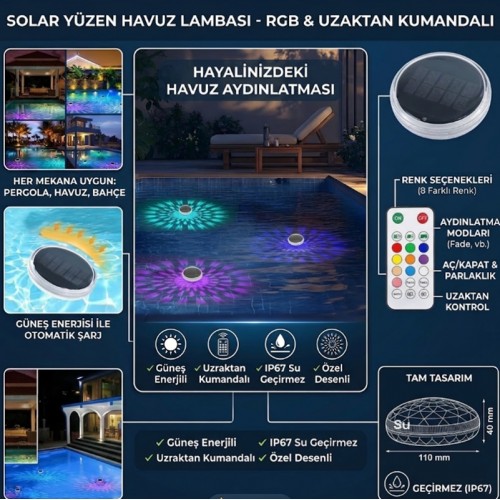 Solar Güneş Enerjili Havuz Aydınlatması - Yüzen havuz ledi - Çim Aydınlatma Lambası Çim & Bahçe Aydınlatma Uzaktan Kumandalı 9 Renkli