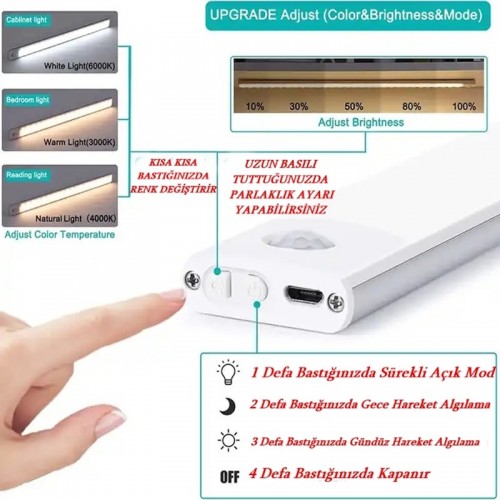 40 CM Dim AYARLI 3 Renk Ayarlı Şarjlı Hareket Sensörlü 60cm Led Işık Tezgah-Koridor-Ev-Kamp-Merdiven