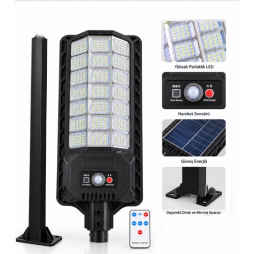 200Watt Büyük Boy Solar Güneş Enerjili Sokak Lambası - 336 LED Kumandalı Sokak Lambası + Direk Hediye