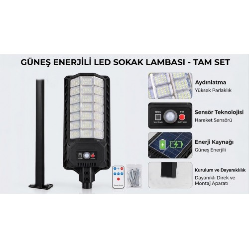 200Watt Büyük Boy Solar Güneş Enerjili Sokak Lambası - 336 LED Kumandalı Sokak Lambası + Direk Hediye