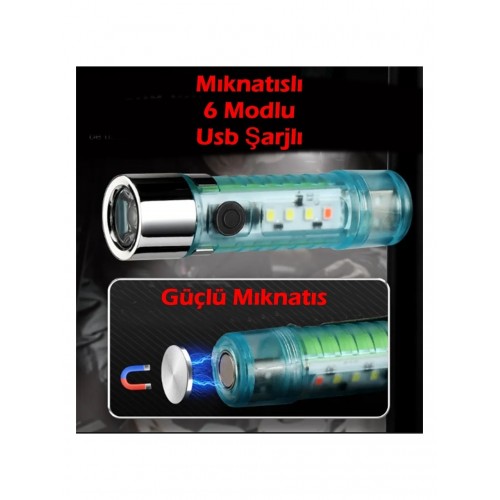 10WATT LED USB Şarjlı 6 Modlu Mini El Feneri Mıknatıslı Su Geçirmez Renkli El Feneri