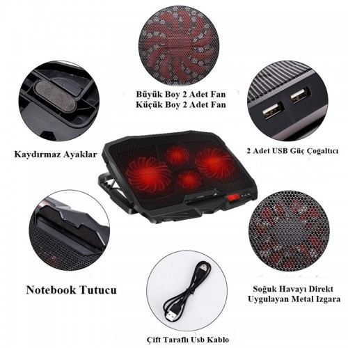 VRC-D17 Notebook Soğutucu Kırmızı  Ledli 17" Pro Notebook Standı Notebook Soğutucu