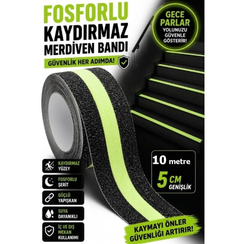 Kaymaz bant, kaymaz şeritler, 10mt x 5cm, kaymaz yapışkan bant, karanlıkta parlar merdiven ve kaygan zeminler için, iç-dış Mekan 10 metre 