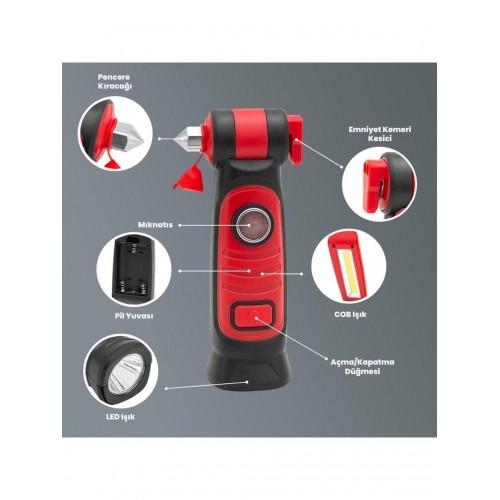 Cam Kırıcı Çekiç + El Feneri + Emniyet Kemeri Kesici 3 Özellik Tek Ürün Oto Pilli El Feneri Mıknatıslı Taşınabilir El Lambası