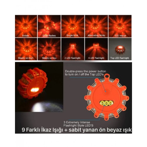 9 Mod Araç İş Makinesi Kamyon Acil Durum İkaz Lambası +Fener Özelliği Su Geçimez - Mıknatıslı 1 Adet