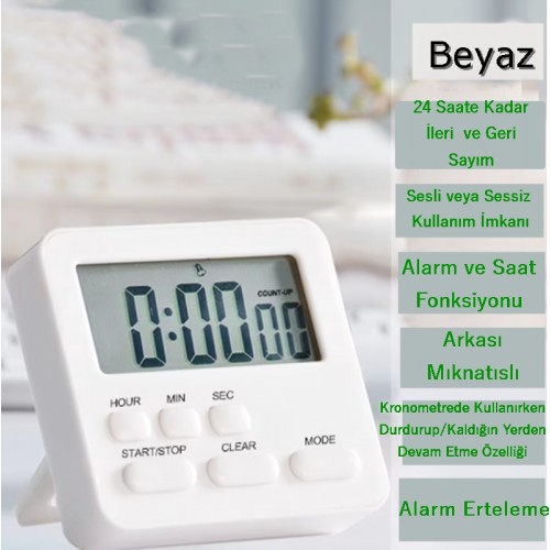 Zk-2206 Alarmlı Dijital Öğrenci Sınav Kronometresi 24 Saat İleri ve Geri Sayım Cihazı Saat + Alarm ( BEYAZ )