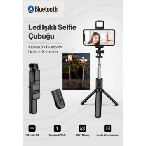 S03 Led Işıklı Tripod Bluetooth Kumandalı Üçü Birarada Selfie Çubuğu Monopod 