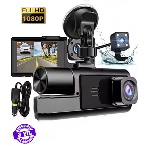 Siyah 1080p Araç Içi 3 Kameralı Ekranlı Gece Görüşlü , G-sensör Geri Görüş Kamera - Iç Görüş