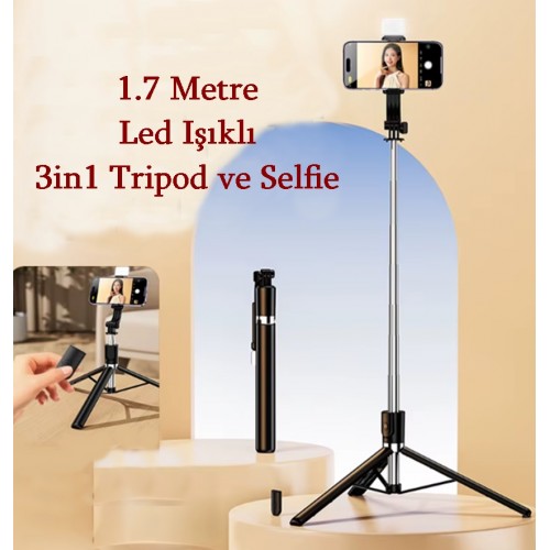 R1S-L 3in1 Bluetooth Kumandalı 170cm Tripod Led Işıklı Selfie Çubuğu Telefon Tripodu - Monopod