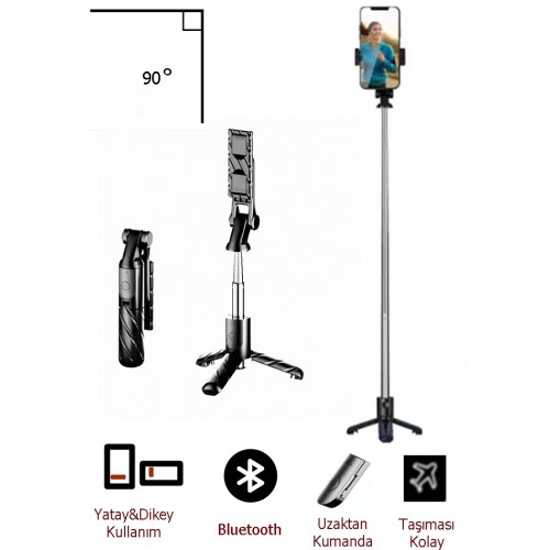 K03 Siyah Kablosuz Kumandalı Telefon Selfie Çubuğu Monopod Ayaklı Tripod Bluetooth Dikey veya Yatay Telefonu Koyabilirsiniz