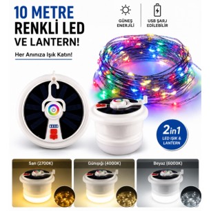 yx-669 Makara Sistem Ip Led - Fener / Güneş Enerjili Şarjlı Işık Kamp Lambası- Taşınabilir 10mt Led Işık Rgb Günışğı Renk