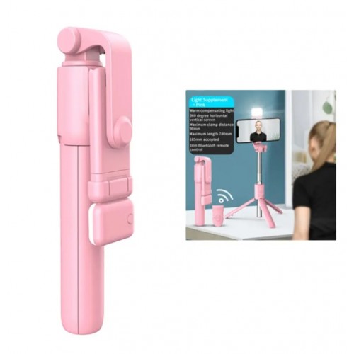 S03 Led Işıklı Tripod Bluetooth Kumandalı Üçü Birarada Selfie Çubuğu Monopod ( PEMBE )