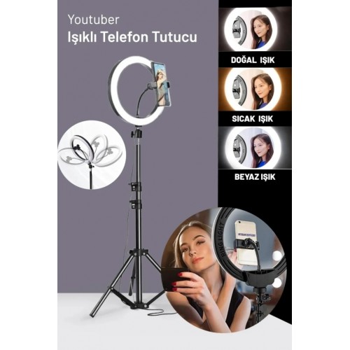 10" LED Lamba 210cm Tripodlu Youtuber Video Selfie Stüdyo Makyaj Tiktok Işığı Ring Light 3 Renk Işık