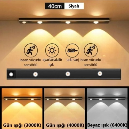 40 CM Dim AYARLI 3 Renk Ayarlı Şarjlı Hareket Sensörlü 60cm Led Işık Tezgah-Koridor-Ev-Kamp-Merdiven
