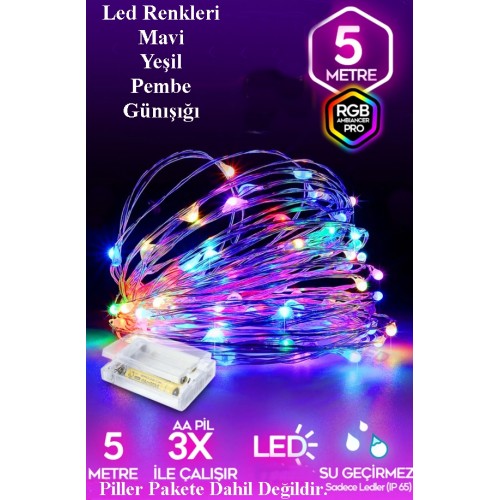 Pilli RGB Led Işık 5 Metre Iç & Dış Mekan Parti Dekor Kutlama Işığı Renkli Led Dekorasyon