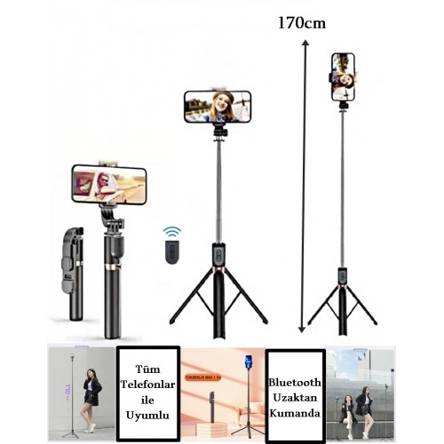 K9 2in1 Bluetooth Kumandalı 170 Cm Tripod Telefon Tutuculu Selfie Çubuğu Telefon Tripodu