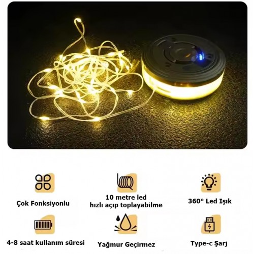 Makara Sistem Ip Led - Fener / Şarjlı Işık Kamp Lambası- Taşınabilir 10mt Led Işık Rgb Günışğı Renk