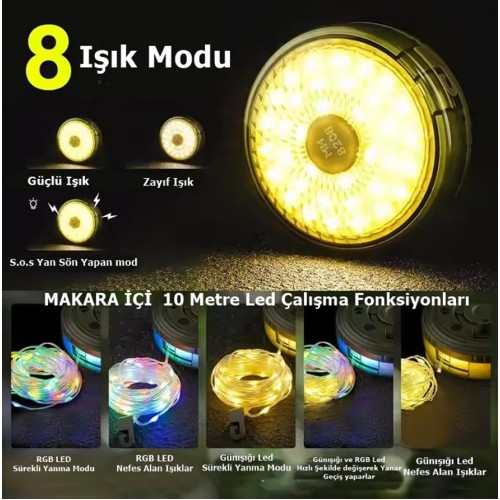 Makara Sistem Ip Led - Fener / Şarjlı Işık Kamp Lambası- Taşınabilir 10mt Led Işık Rgb Günışğı Renk