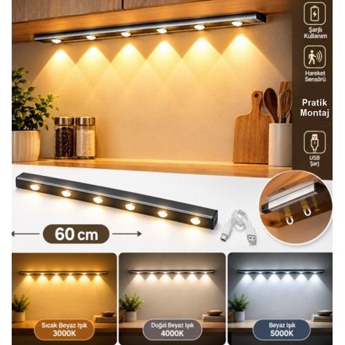 60 CM Dim AYARLI 3 Renk Ayarlı Şarjlı Hareket Sensörlü 60cm Led Işık Tezgah-Koridor-Ev-Kamp-Merdiven