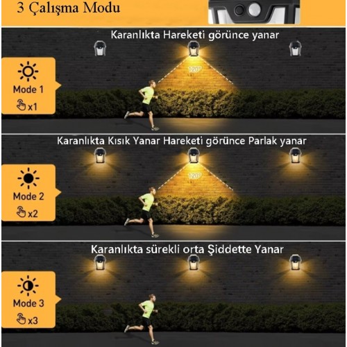  2 Adet HW-999 3 Modlu Hareket Sensörlü Güneş Enerjili Solar Lamba Fotoselli Solar Dış Mekan Bahçe Lambası